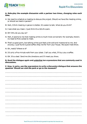 EAP Discussion Skills Activity preview for Intermediate B1: identifying, preparing dialogues, rapid-fire guided discussions, pair work