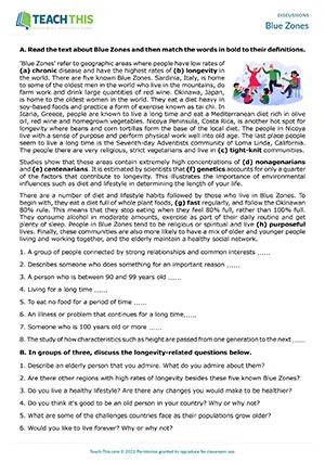EAP Discussion Activity preview for Upper-intermediate B2: matching, vocabulary, longevity, group discussion