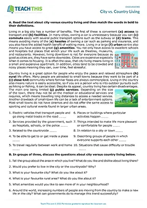 EAP Discussion Practice Activity preview for Upper-intermediate B2: matching, city/country vocabulary, group discussion