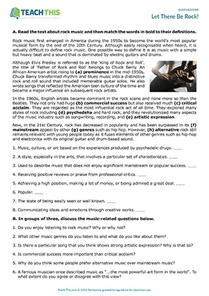 EAP Discussion Practice Activity preview for Upper-intermediate B2: matching, music vocabulary, guided discussion, group work
