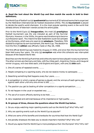 EAP Discussion Activity preview for Upper-intermediate B2: matching, topic vocabulary, World Cup, group discussion