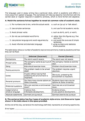 EAP Academic Style Worksheet preview, Intermediate (B1), with vocabulary and reading exercises, matching, identifying, and synonym activities