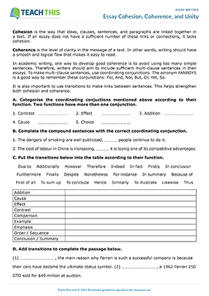 Essay Cohesion, Coherence and Unity Worksheet Preview