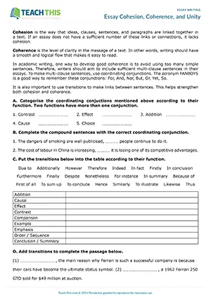 EAP Essay Cohesion, Coherence and Unity Worksheet preview, Intermediate (B1), categorising conjunctions, gap-fill, rewriting activities