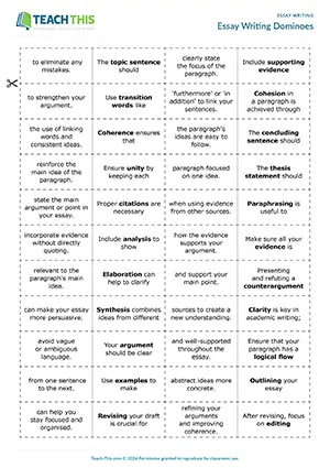 EAP Essay Writing Game preview, Upper-intermediate (B2), matching vocabulary dominoes for essay writing terms