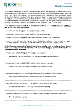 exercise to write an essay Hedging Language Preview