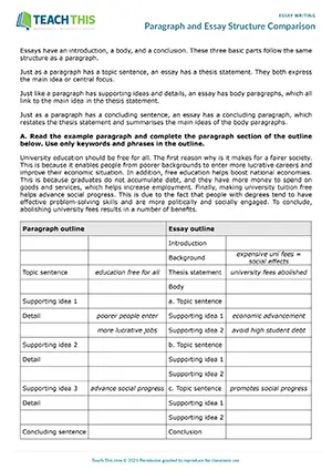 EAP Paragraph and Essay Structure Worksheet preview, Intermediate (B1), table completion and short answer questions