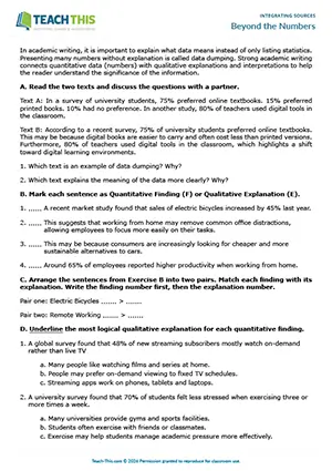 EAP Integrating Sources worksheet preview for Upper-intermediate (B2) showing categorising, matching, multiple choice, writing sentences, paragraph writing, guided discussion, freer practice, pair work