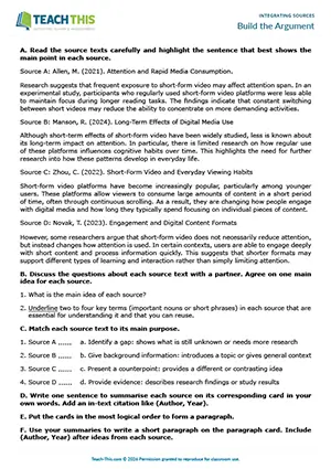 EAP Integrating Sources activity preview for Upper-intermediate (B2) showing identifying, matching, summary writing, ordering, paragraph writing, guided discussion, pair work