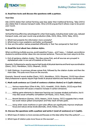 EAP Integrating Sources worksheet preview for Upper-intermediate (B2) showing identifying, matching, writing and rewriting sentences