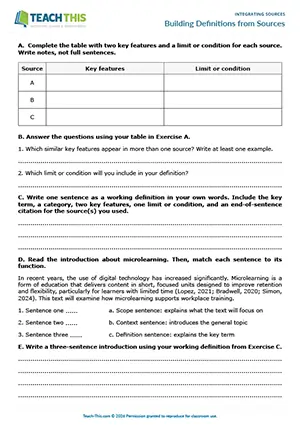 EAP Integrating Sources worksheet preview for Upper-intermediate (B2) showing identifying, matching, table completion, short-answer
questions, sentence writing, matching, paragraph writing