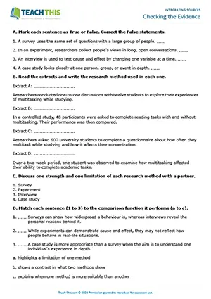 EAP Integrating Sources worksheet preview for Upper-intermediate (B2) showing true or false, identifying, matching, table completion, writing sentences, paragraph writing, guided discussion, pair work
