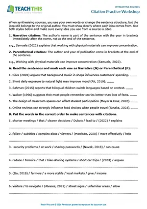 EAP Integrating Sources worksheet preview for Upper-intermediate (B2) showing binary choice, unscrambling, rewriting sentences, rewriting a paragraph, peer feedback, pair work