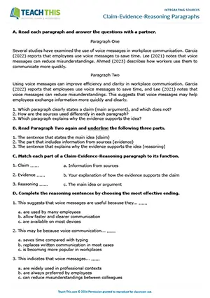 EAP Integrating Sources worksheet preview for Upper-intermediate (B2) showing identifying, matching, multiple choice, short answer questions, table completion, paragraph writing