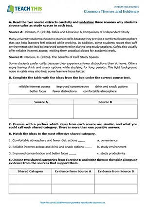 EAP Integrating Sources worksheet preview for Upper-intermediate (B2) showing identifying, categorising, matching, table completion, sentence completion, paragraph writing, peer feedback, guided discussion
