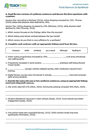 EAP Integrating Sources worksheet preview for Upper-intermediate (B2) showing gap-fill, rewriting sentence, table completion, paragraph writing