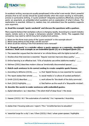 EAP Integrating Sources worksheet preview for Upper-intermediate (B2) showing categorising, matching, unscrambling, binary choice, writing sentences, writing direct quotes