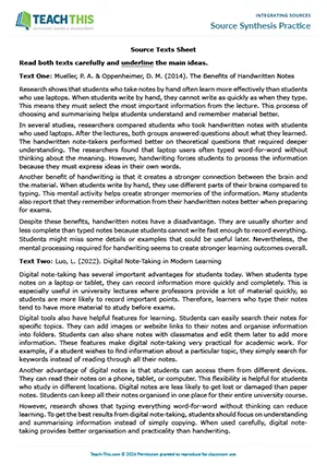 EAP Integrating Sources worksheet preview for Upper-intermediate (B2) showing identifying, categorising, paragraph writing activities