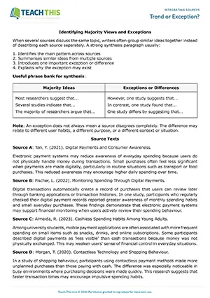 EAP Integrating Sources worksheet preview for Upper-intermediate (B2) showing identifying, table completion, sentence completion, multiple-choice, paragraph writing activities