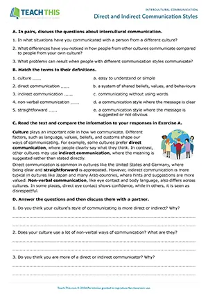 EAP intercultural communication worksheet preview for Intermediate (B1) showing comprehension, discussion, and paragraph writing