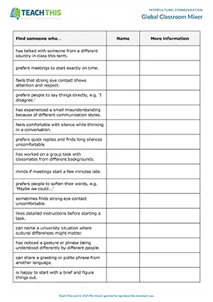 EAP intercultural communication activity preview for Upper-intermediate (B2) showing asking and answering questions, controlled and freer practice