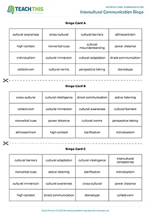 EAP intercultural communication game preview for Upper-intermediate (B2) showing bingo, matching, group work tasks