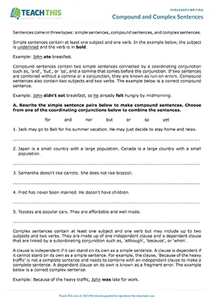 EAP compound and complex sentences worksheet preview for Intermediate (B1) showing rewriting, matching, identifying and error correction activities
