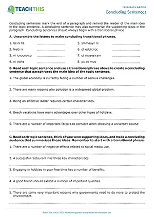 EAP concluding sentences worksheet preview for Intermediate (B1) showing unscrambling, paraphrasing, error correction, and summary activities