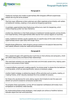 EAP paragraph coherence game preview for Intermediate (B1) showing ordering, question answering, and pair race activities
