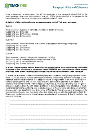 EAP paragraph unity and coherence worksheet preview for Intermediate (B1) showing identifying, rewriting, table completion, and gap-fill activities