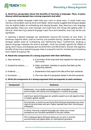 EAP paragraph writing worksheet preview for Upper-intermediate (B2) showing identifying, matching, argument writing, and peer review