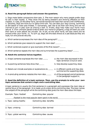 EAP paragraph structure worksheet preview for Intermediate (B1) showing matching, writing, paraphrasing, and structural analysis activities