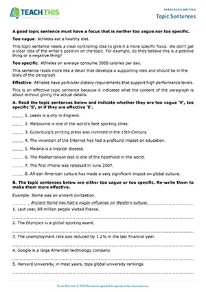 EAP topic sentences worksheet preview for Intermediate (B1) showing categorising, rewriting, and writing topic sentences