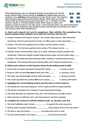 EAP Paraphrasing Techniques Worksheet preview for Intermediate B1: categorising, matching, binary choice, gap-fill, rewriting sentences, paraphrasing