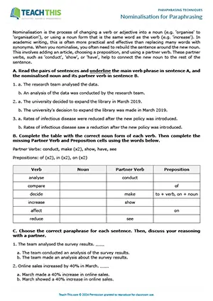 EAP paraphrasing worksheet preview for Upper-intermediate (B2) showing identifying, table completion, binary choice, gap-fill, paraphrasing and peer feedback activities