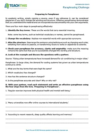 EAP paraphrasing game preview for Upper-intermediate (B2) showing guided discussion, paraphrasing, and writing game activities