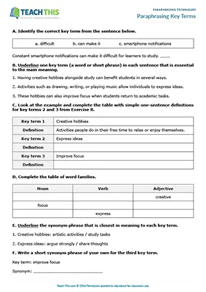 EAP Paraphrasing Techniques Worksheet preview for Intermediate B1: identifying, writing definitions, table completion, binary choice, paraphrasing, peer feedback