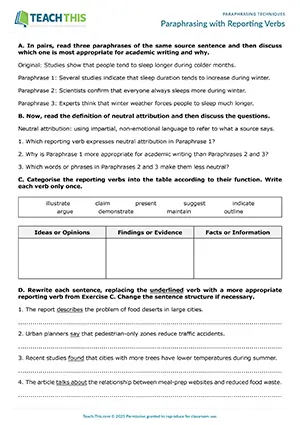 EAP paraphrasing techniques worksheet preview for Upper-intermediate (B2) showing answering questions, categorising, sentence transformation, paraphrasing, peer feedback