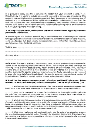 EAP persuasive essays worksheet preview for Upper-intermediate (B2) showing counter-argument, refutation, paraphrasing, and writing exercises