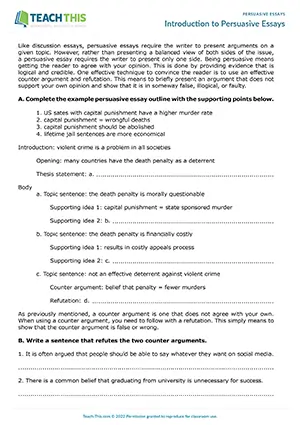 EAP persuasive essays worksheet preview for Upper-intermediate (B2) showing matching, paraphrasing, outlining, and essay writing