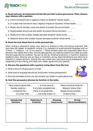 EAP Persuasive Essay Worksheet preview for Intermediate B1: binary, choice, categorising, rewriting sentences, gap-fill, paragraph writing, discussion, freer practice, pair work