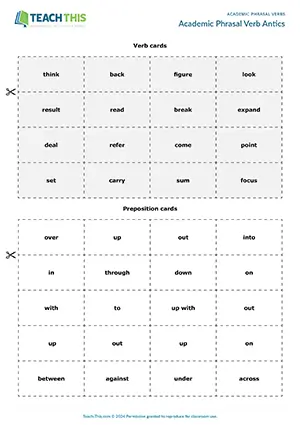 EAP Phrasal Verbs Game preview for Upper-intermediate B2: matching, forming sentences, controlled and freer practice, group work