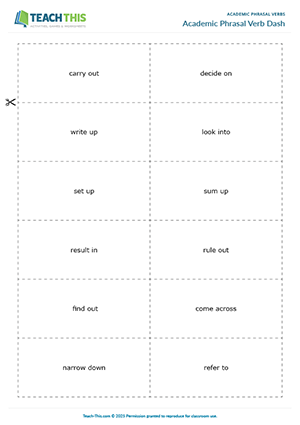 EAP Academic Phrasal Verbs Game preview for Intermediate B1: matching, gap-fill, forming sentences, freer practice, group work