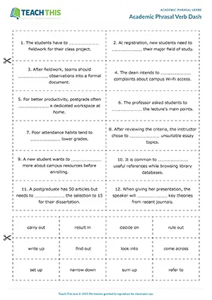 EAP Academic Phrasal Verbs Game preview for Intermediate B1: matching, gap-fill, forming sentences, freer practice, group work