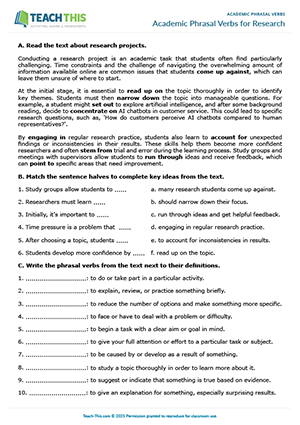 EAP Phrasal Verbs Worksheet preview for Upper-intermediate B2: matching, rewriting sentences, discussion, freer practice, pair work
