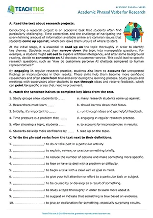 EAP Phrasal Verbs Worksheet preview for Upper-intermediate B2: matching, rewriting sentences, discussion, freer practice, pair work