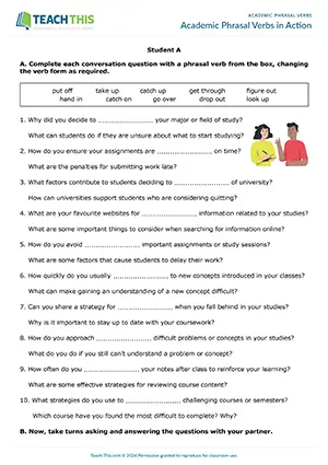 EAP Phrasal Verbs Activity preview for Upper-intermediate B2: gap-fill, conversation questions, controlled and freer practice, group and pair work