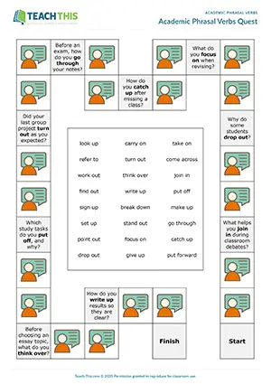 EAP Academic Phrasal Verbs Board Game preview for Intermediate B1: gap-fill, impromptu speech, answering questions, freer practice, group work