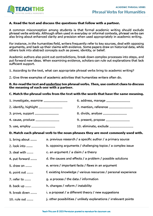 EAP Phrasal Verbs Worksheet preview for Upper-intermediate B2: identifying, matching, paragraph writing, discussion, freer practice, pair work