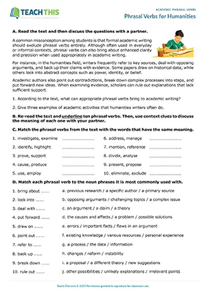 EAP Phrasal Verbs Worksheet preview for Upper-intermediate B2: identifying, matching, paragraph writing, discussion, freer practice, pair work